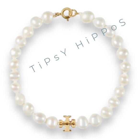 Tory Burch Pearl Bracelet With Gold Logo Charm & Clasp Elegant Womens Jewelry Co - Picture 1 of 6